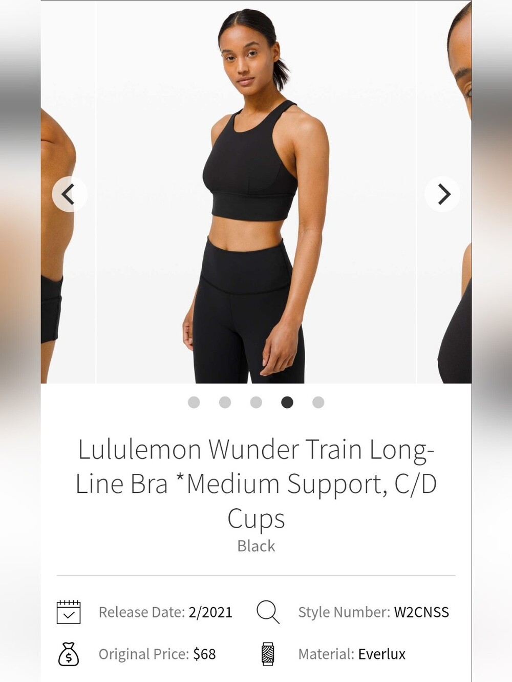 Lululemon Wunder Train Long-Line Bra Medium Support C/D Cups  Black Sz 6